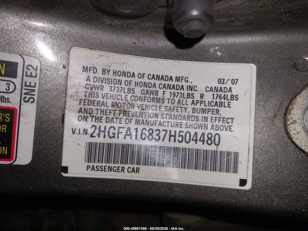 2HGFA16837H504480 2007 HONDA CIVIC photo no. 9