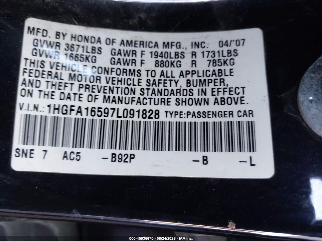 1HGFA16597L091828 2007 HONDA CIVIC photo no. 9