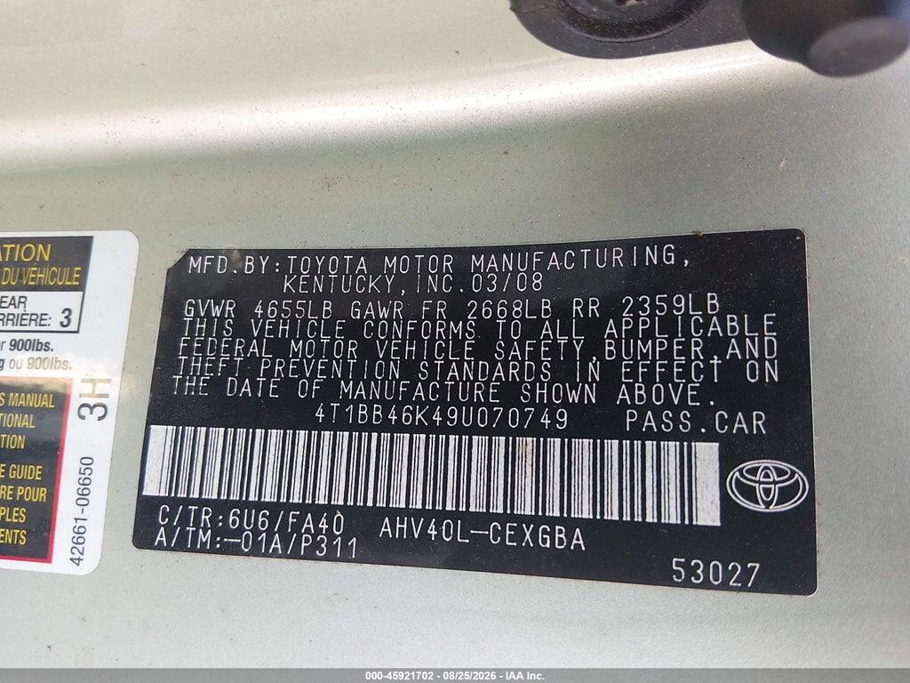 4T1BB46K49U070749 2009 TOYOTA CAMRY HYBRID photo no. 9
