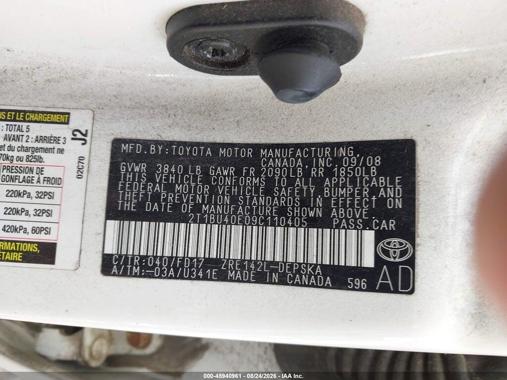 2T1BU40E09C110405 2009 TOYOTA COROLLA photo no. 9