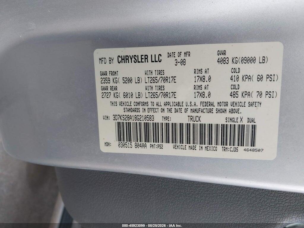3D7KS28A18G210583 2008 DODGE RAM 2500 photo no. 9