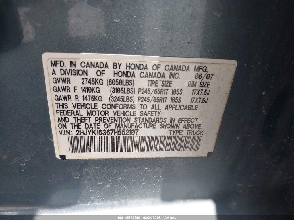 2HJYK16367H552107 2007 HONDA RIDGELINE photo no. 9