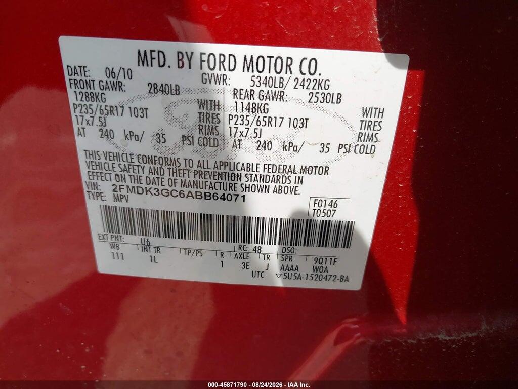 2FMDK3GC6ABB64071 2010 FORD EDGE photo no. 9