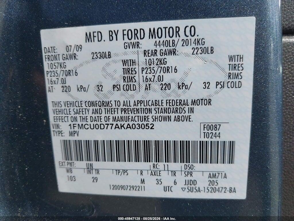 1FMCU0D77AKA03052 2010 FORD ESCAPE photo no. 9