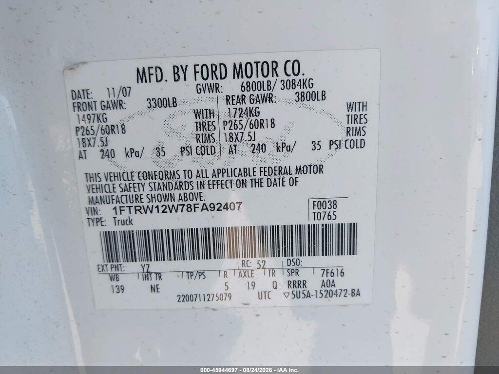1FTRW12W78FA92407 2008 FORD F-150 photo no. 9