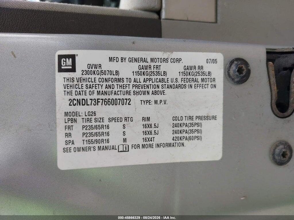 2CNDL73F766007072 2006 CHEVROLET EQUINOX photo no. 9
