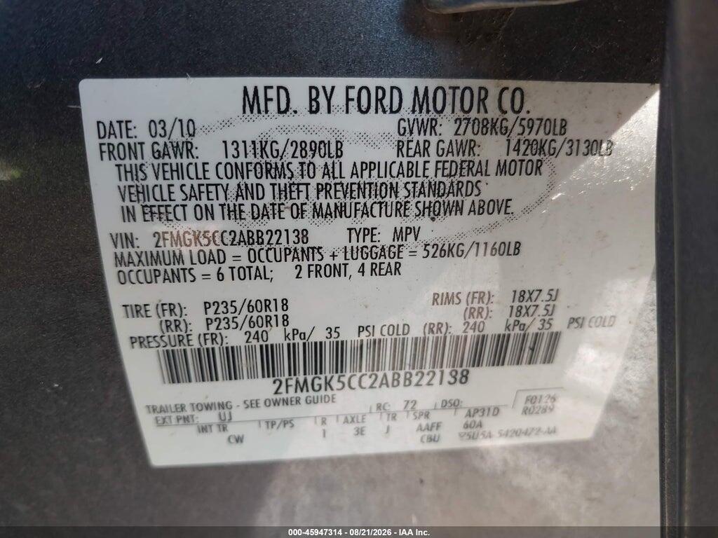 2FMGK5CC2ABB22138 2010 FORD FLEX photo no. 9