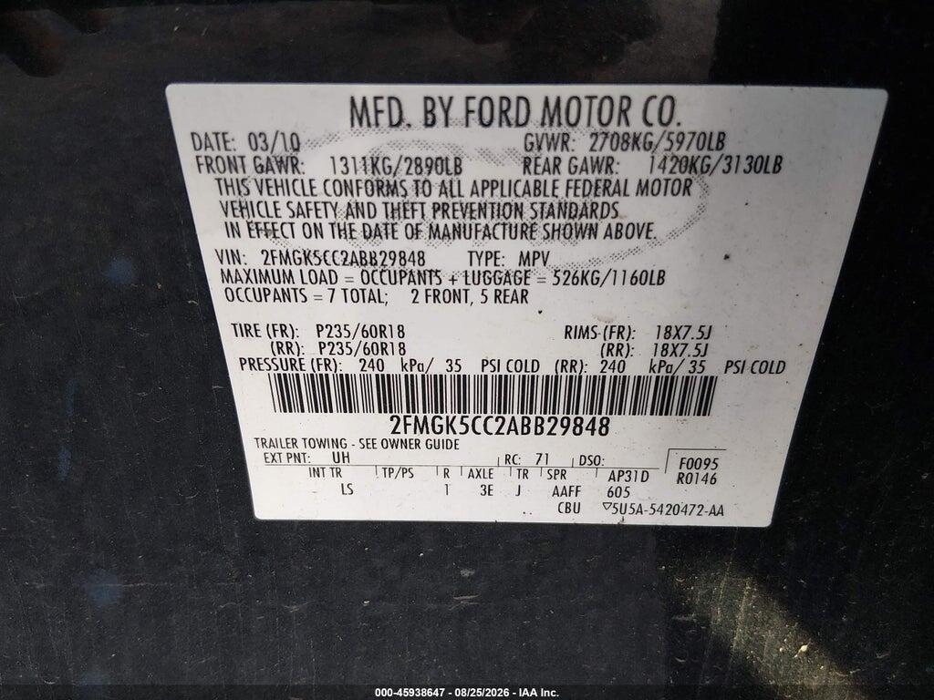 2FMGK5CC2ABB29848 2010 FORD FLEX photo no. 9
