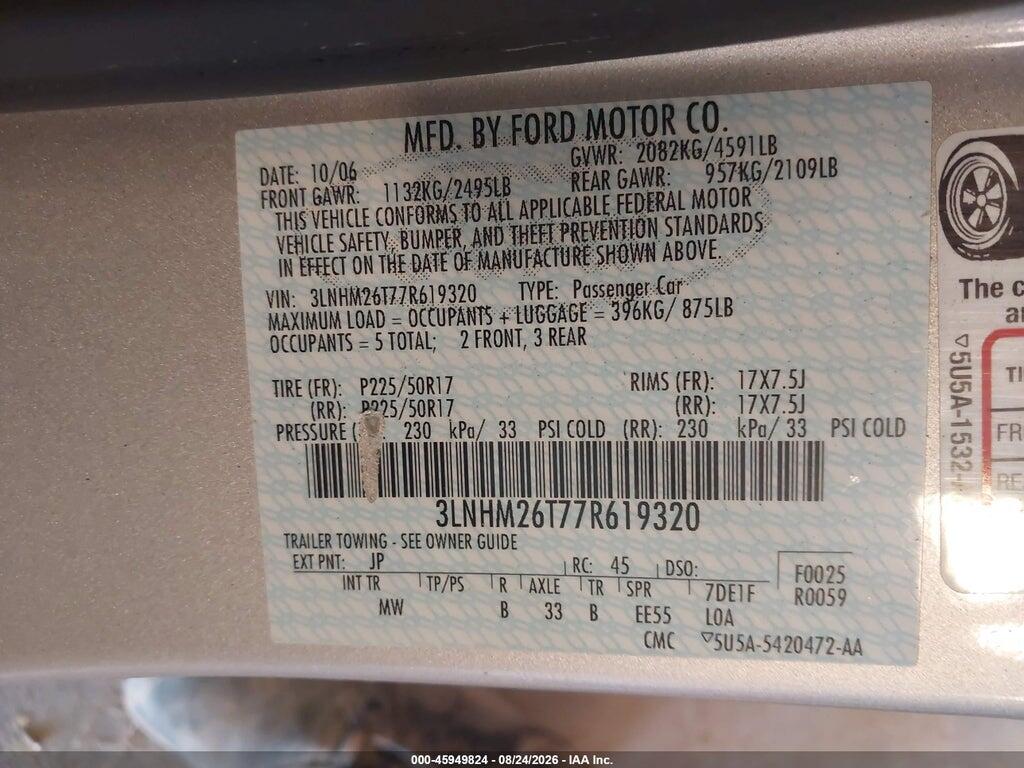 3LNHM26T77R619320 2007 LINCOLN MKZ photo no. 9