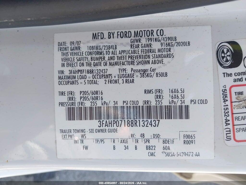 3FAHP07188R132437 2008 FORD FUSION photo no. 9