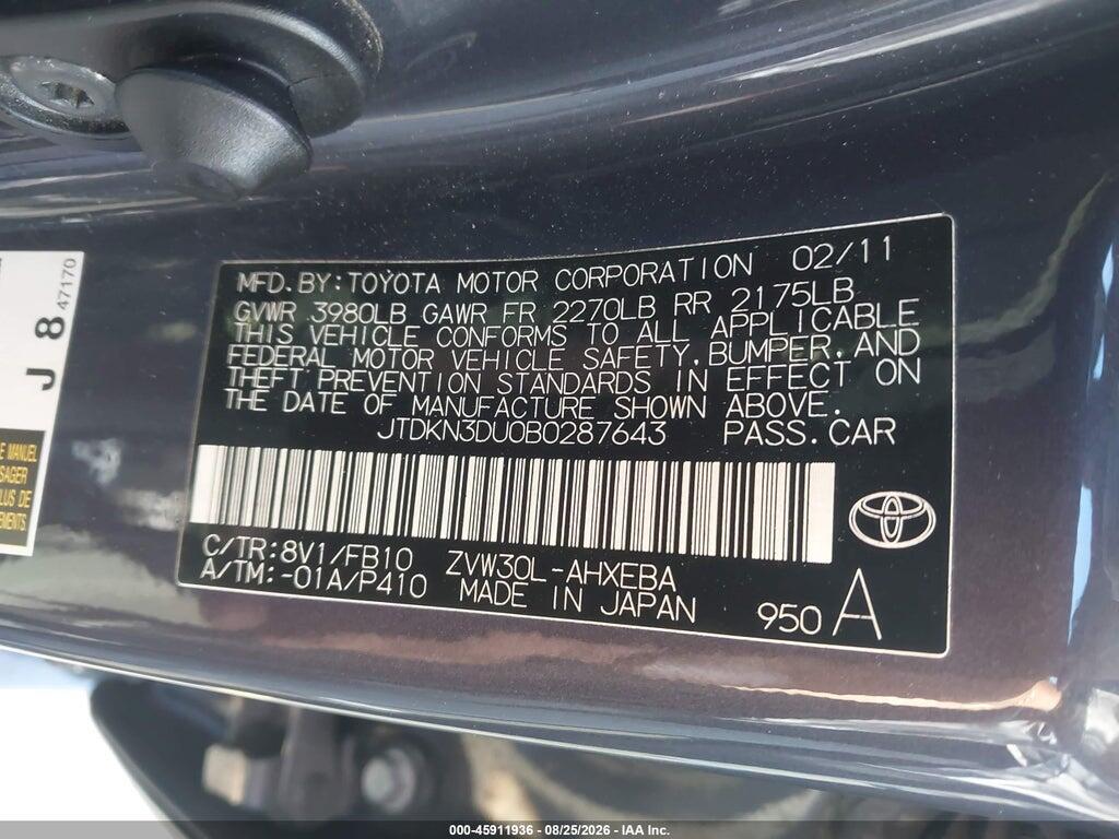 JTDKN3DU0B0287643 2011 TOYOTA PRIUS photo no. 9