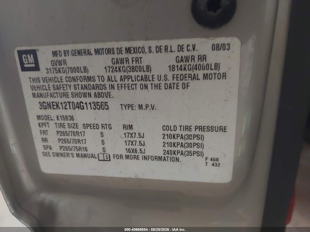 3GNEK12T04G113565 2004 CHEVROLET AVALANCHE 1500 photo no. 9