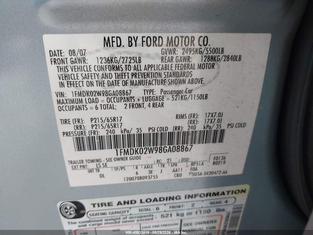 1FMDK02W98GA08867 2008 FORD TAURUS X photo no. 9