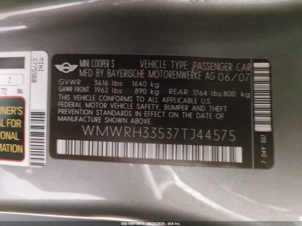 WMWRH33537TJ44575 2007 MINI COOPER S photo no. 9