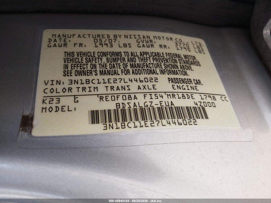 3N1BC11E27L446022 2007 NISSAN VERSA photo no. 9
