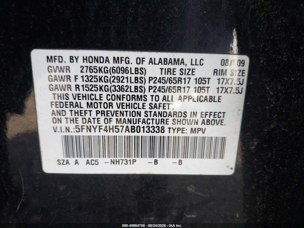 5FNYF4H57AB013338 2010 HONDA PILOT photo no. 9