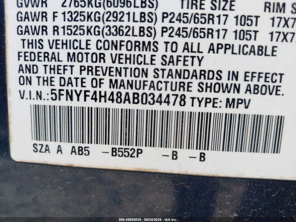 5FNYF4H48AB034478 2010 HONDA PILOT photo no. 9