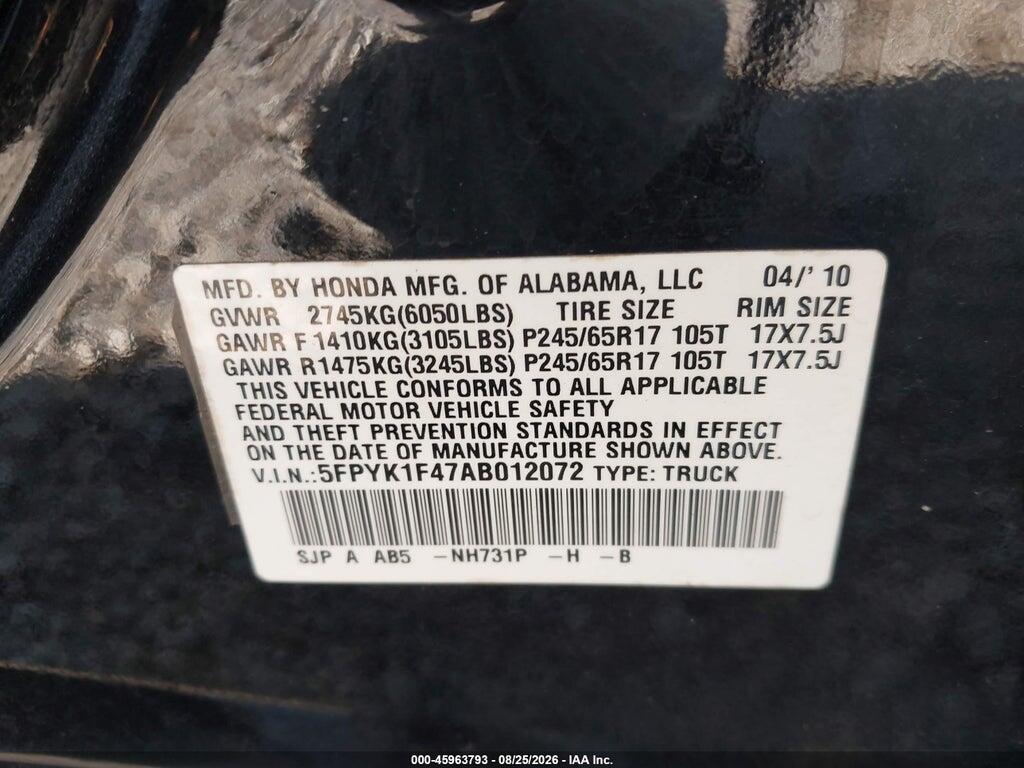 5FPYK1F47AB012072 2010 HONDA RIDGELINE photo no. 9