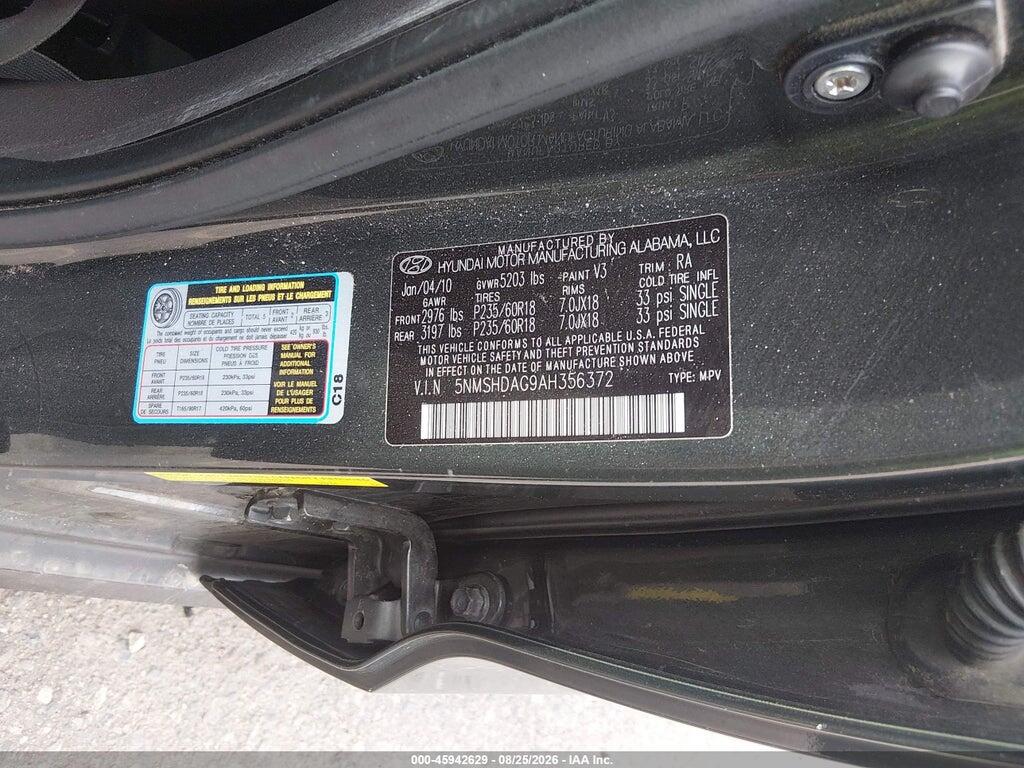 5NMSHDAG9AH356372 2010 HYUNDAI SANTA FE photo no. 9