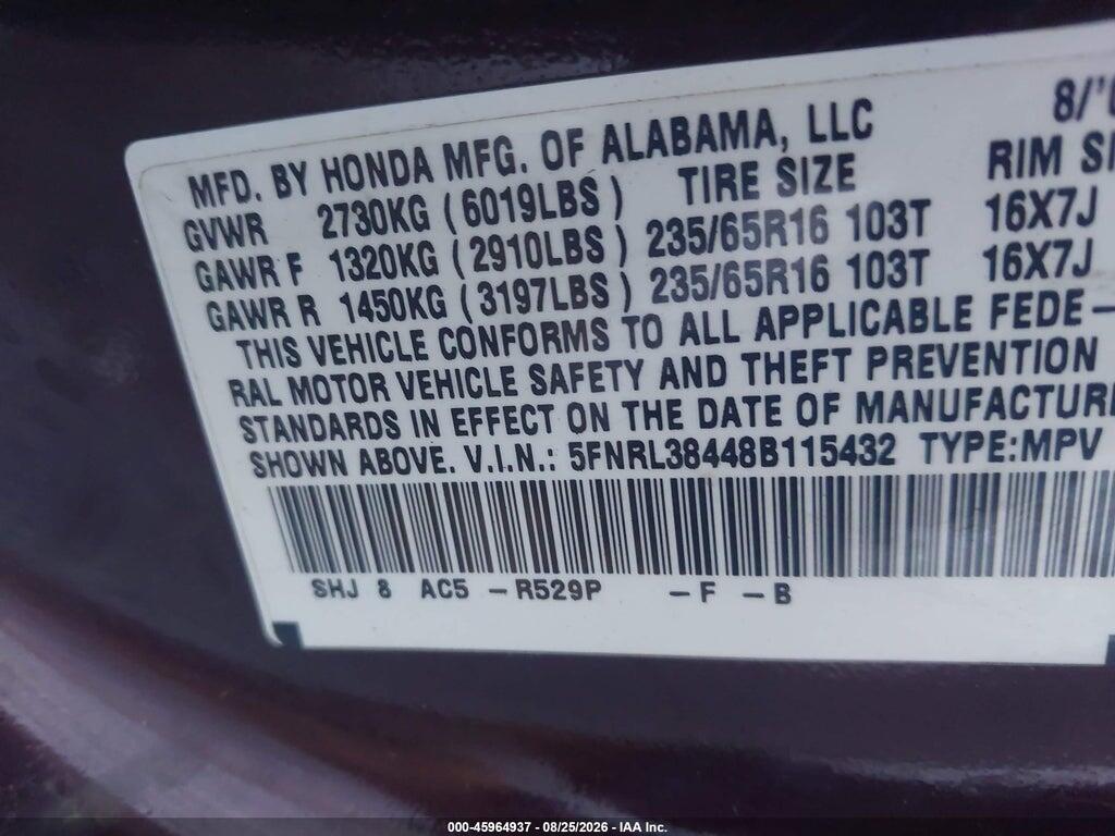 5FNRL38448B115432 2008 HONDA ODYSSEY photo no. 9