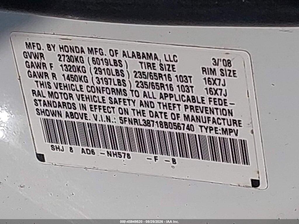 5FNRL38718B056740 2008 HONDA ODYSSEY photo no. 9