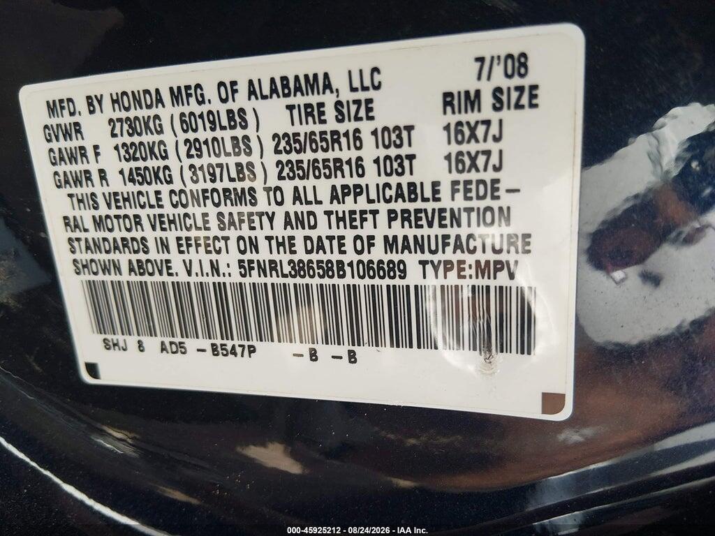5FNRL38658B106689 2008 HONDA ODYSSEY photo no. 9