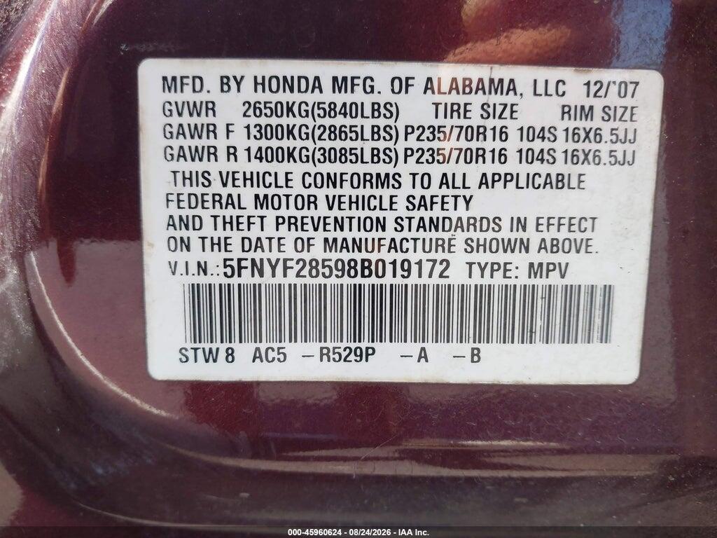5FNYF28598B019172 2008 HONDA PILOT photo no. 9