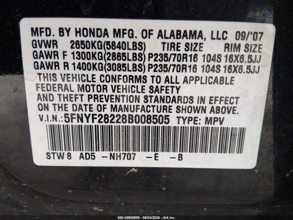 5FNYF28228B008505 2008 HONDA PILOT photo no. 4