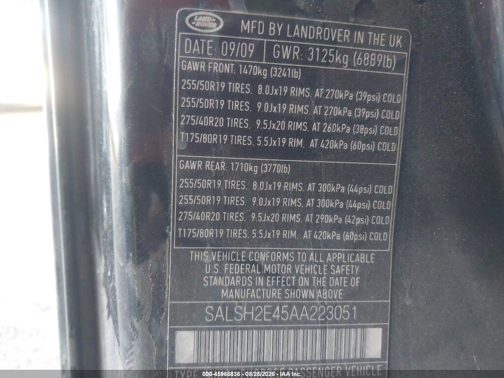 SALSH2E45AA223051 2010 LAND ROVER RANGE ROVER SPORT photo no. 9