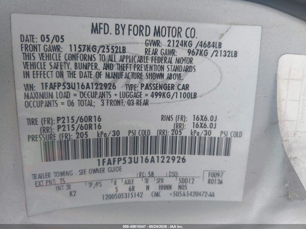 1FAFP53U16A122926 2006 FORD TAURUS photo no. 9