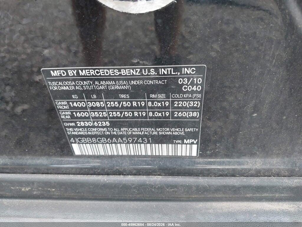 4JGBB8GB6AA597431 2010 MERCEDES-BENZ ML 350 photo no. 9
