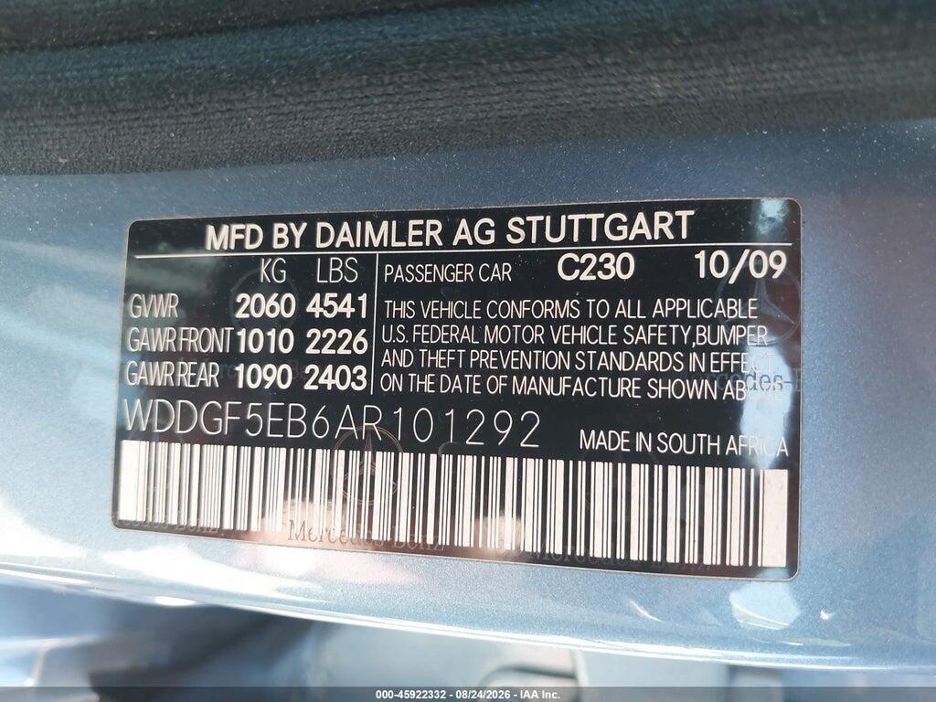 WDDGF5EB6AR101292 2010 MERCEDES-BENZ C 300 photo no. 9