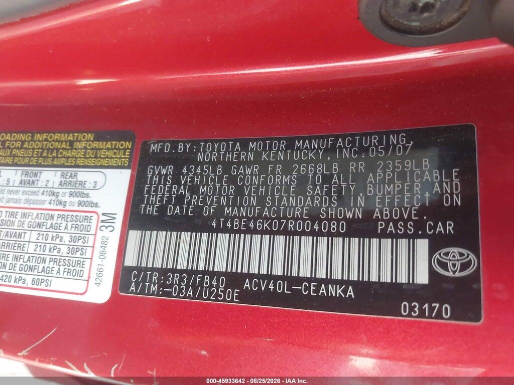 4T4BE46K07R004080 2007 TOYOTA CAMRY photo no. 9