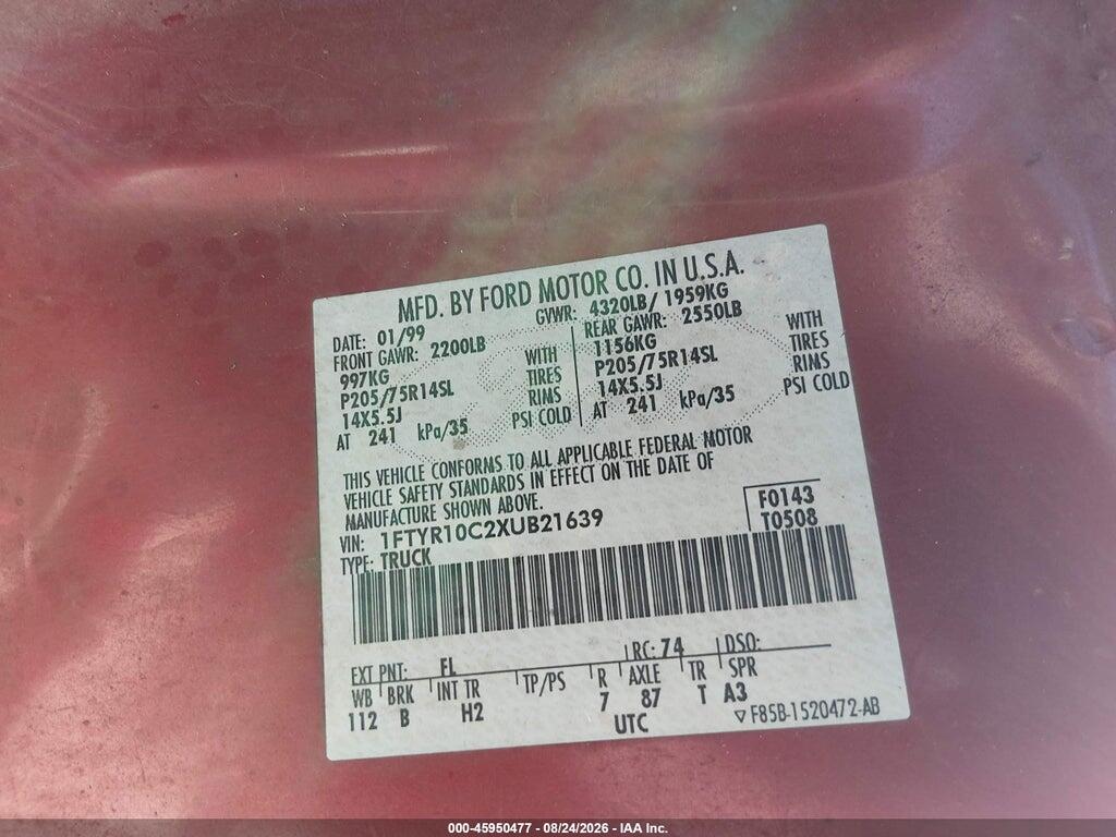 1FTYR10C2XUB21639 1999 FORD RANGER photo no. 9