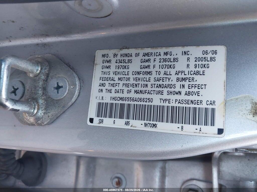 1HGCM66556A066250 2006 HONDA ACCORD photo no. 9
