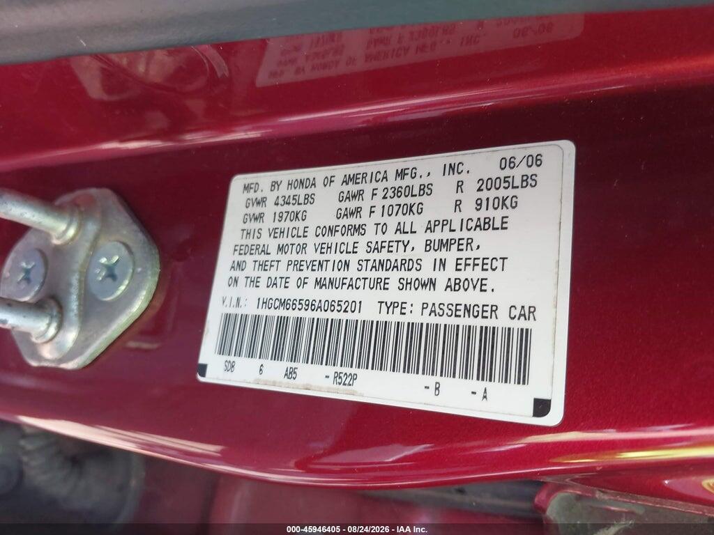 1HGCM66596A065201 2006 HONDA ACCORD photo no. 9