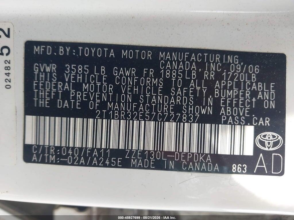 2T1BR32E57C727837 2007 TOYOTA COROLLA photo no. 9