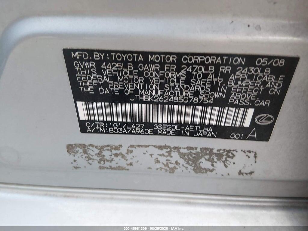 JTHBK262485078754 2008 LEXUS IS 250 photo no. 9