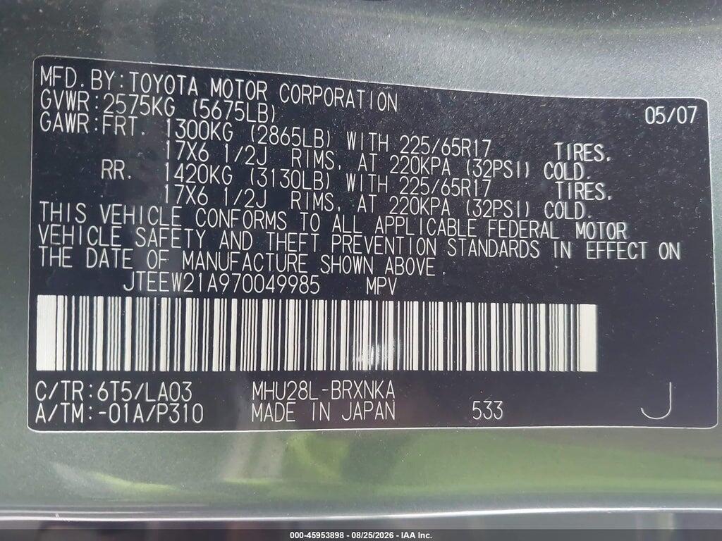 JTEEW21A970049985 2007 TOYOTA HIGHLANDER HYBRID photo no. 9