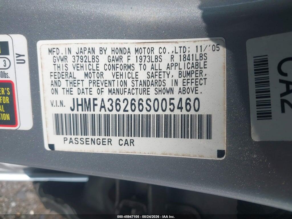 JHMFA36266S005460 2006 HONDA CIVIC HYBRID photo no. 9