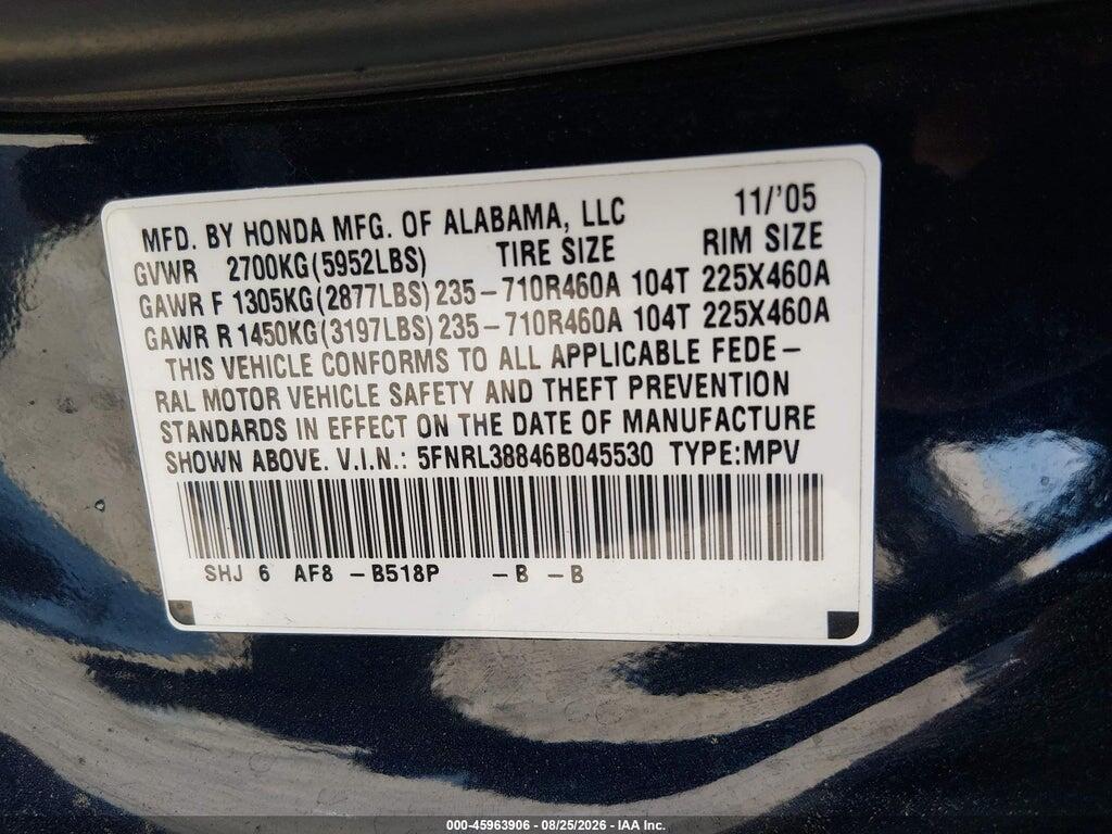 5FNRL38846B045530 2006 HONDA ODYSSEY photo no. 9