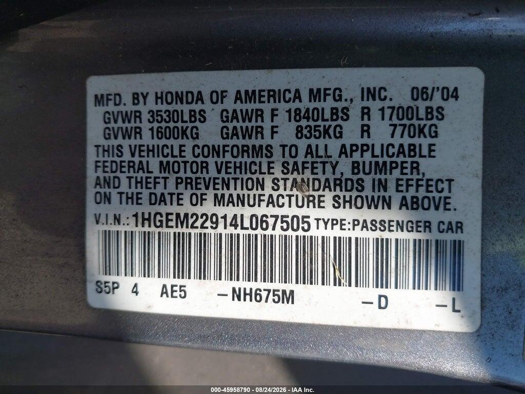 1HGEM22914L067505 2004 HONDA CIVIC photo no. 9