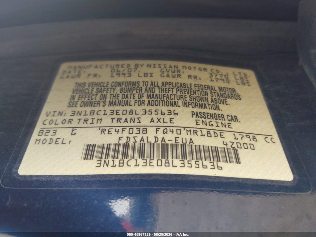 3N1BC13E08L355636 2008 NISSAN VERSA photo no. 9