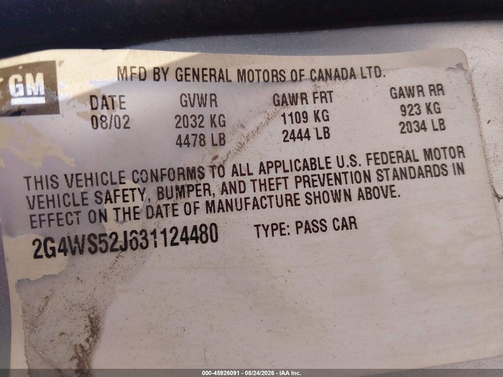 2G4WS52J631124480 2003 BUICK CENTURY photo no. 9