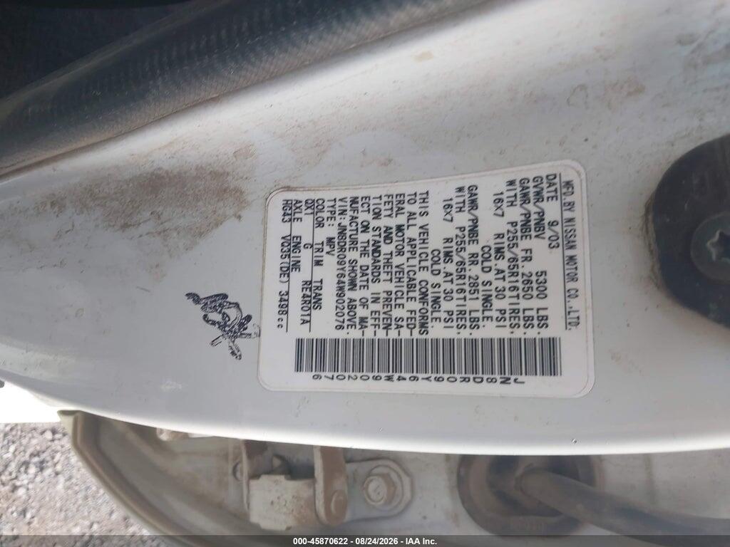 JN8DR09Y64W902076 2004 NISSAN PATHFINDER photo no. 9