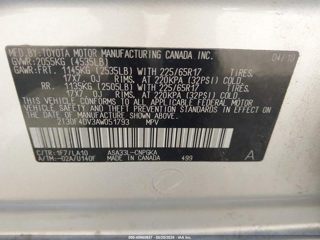 2T3DF4DV3AW051793 2010 TOYOTA RAV4 photo no. 9