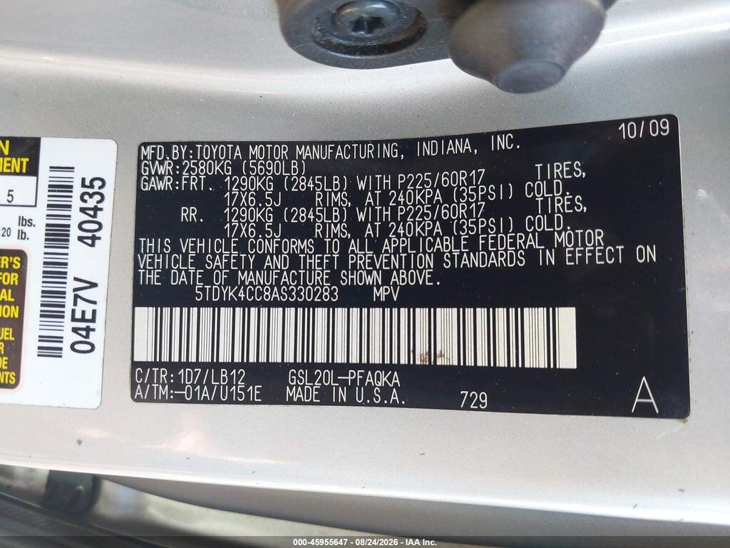 5TDYK4CC8AS330283 2010 TOYOTA SIENNA photo no. 9