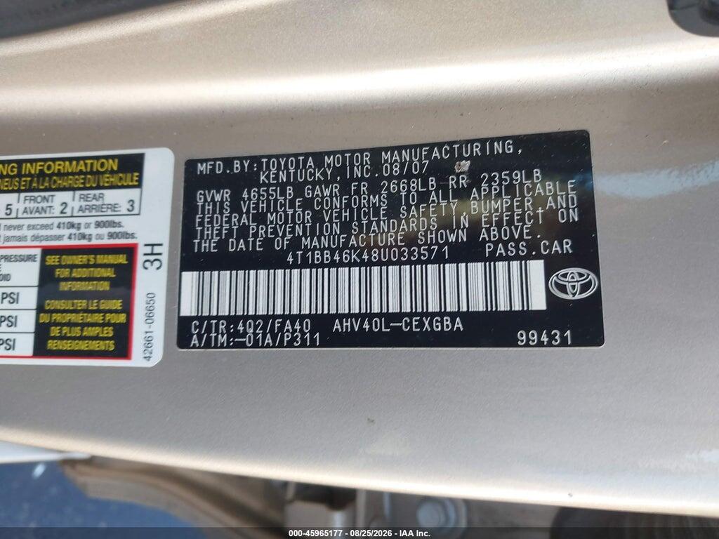 4T1BB46K48U033571 2008 TOYOTA CAMRY HYBRID photo no. 9