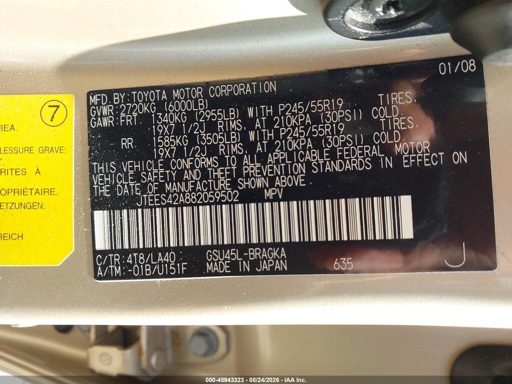 JTEES42A882059502 2008 TOYOTA HIGHLANDER photo no. 9