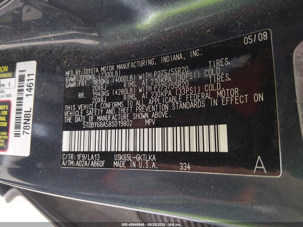 5TDBY68A58S019802 2008 TOYOTA SEQUOIA photo no. 9